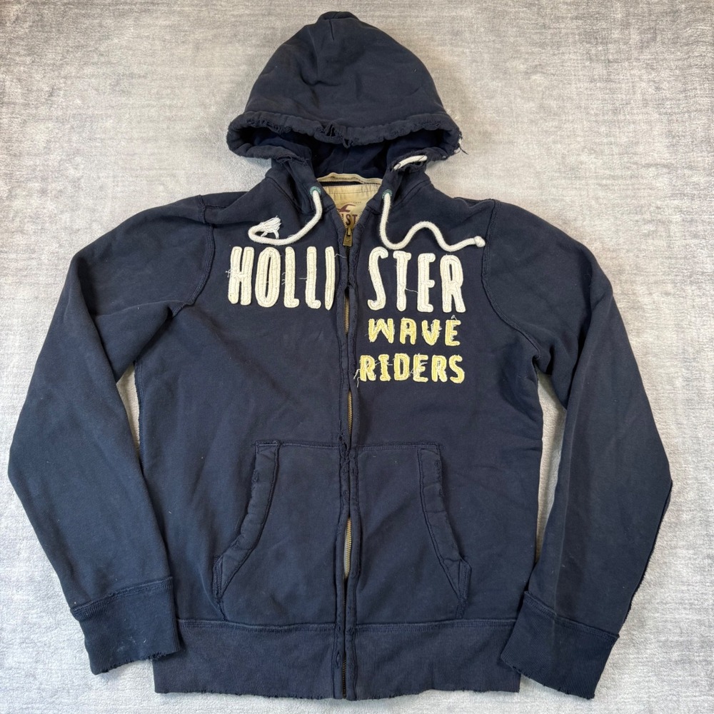Hollister Hoodie Men XL Navy Blue Distressed Wave Riders Vtg Y2K Zip Sweatshirt